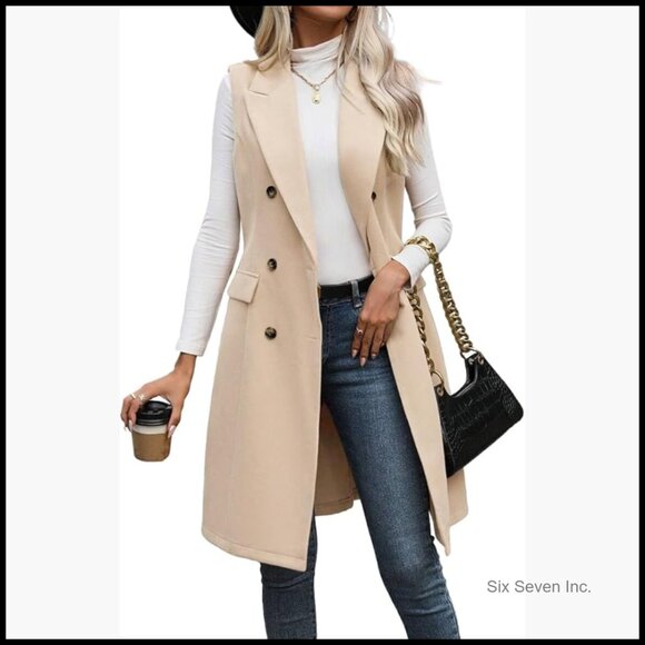 Long Wool Blend Vest Sleeveless Blazer Jacket Trench Coat Outerwear